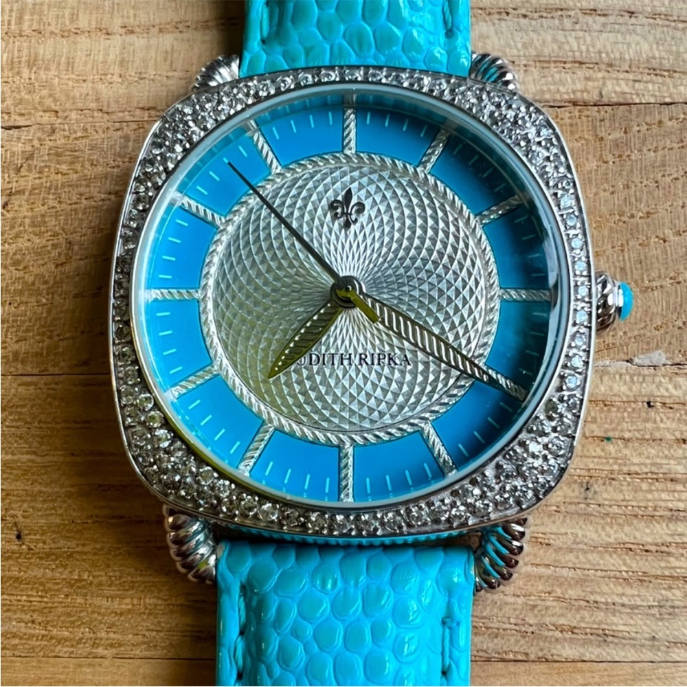 Judith Ripka ladies blue and silver tone stainless steel dress watch NEW BATTERY